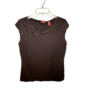 Vintage Valerie Stevens Shirt Womens MED Brown Floral Embroidered Y2K Cottage